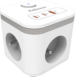 Fellowes douille Power Cube, 3 prises + 1 x USB-A + 2 x USB-C, blanc, pour la Belgique