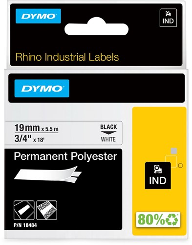 Dymo RHINO permanente polyester tape 19 mm, zwart op wit