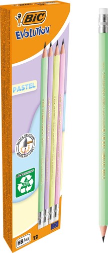 Bic crayon graphite Evolution Pastel HB avec gomme, boîte de 12 pièces, assorti