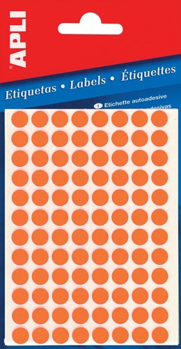 Apli ronde etiketten in etui diameter 8 mm, fluo oranje, 288 stuks, 96 per blad (2080)