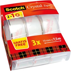 Ruban adhésif Scotch Crystal transparent, 2 rouleaux + 1 gratuit, 19 mm x 7,5 m + dévidoir manuel