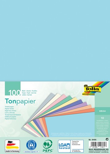 Folia gekleurd tekenpapier, 130 g, ft 21 x 29,7 cm, A4, geassorteerde kleuren, pastel, pak van 100 vel