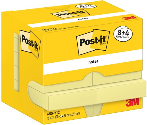 Post-It Notes, 100 feuilles, ft 38 x 51 mm, jaune, 8 + 4 GRATUIT