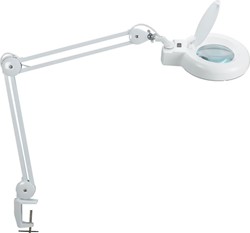 MAULviso Luminaire loupe, LED, sur pince 6,3cm, longeur de bras 2x31cm, objectif 144cm2, blanc