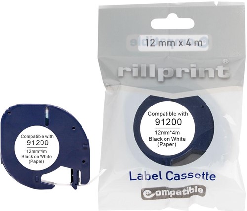 Rillprint compatible LetraTAG tape voor Dymo 91200, 12 mm, papier, wit