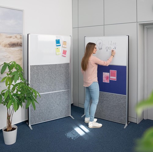 MAULconnecto scheidingswand, 1 x whiteboard, 1 x textiel, 1 x donkergrijs, frame zilver, voet-2