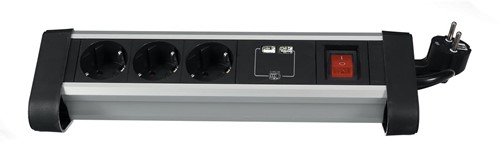 Perel douille de bureau avec 3 prises, 2 ports USB et interrupteur, noir, pour la Belgique