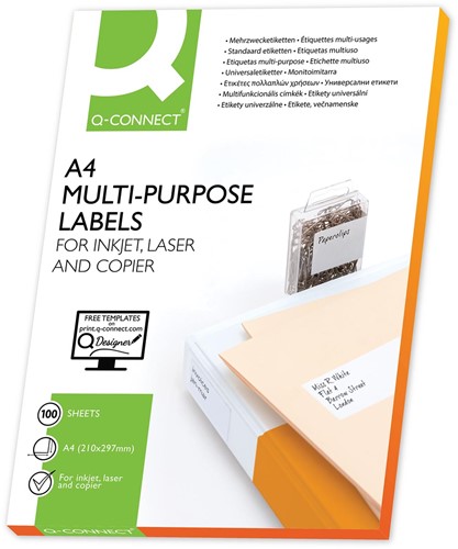 Q-CONNECT étiquettes, blanc, coins arrondis, 99,1 x 67,7 mm, 100 feuilles, 8 étiquettes par feuille