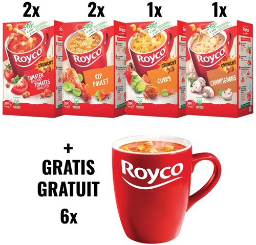 ACTION ROYCO: 2 x tomates boulettes, 2 x poulet, 1 x curry, 1 x champignons + 1 x 6 tasses GRATUIT