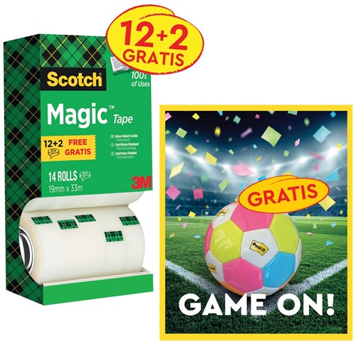 Actie Scotch: 1 x Plakband Scotch Magic Tape, pak van 12 (+2 gratis) + 1 x GRATIS voetbal