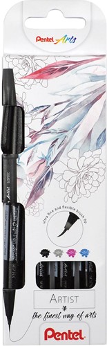 Pentel brushpen Artist, kartonnen etui met 4 stuks: zwart, grijs, turkoois en roze